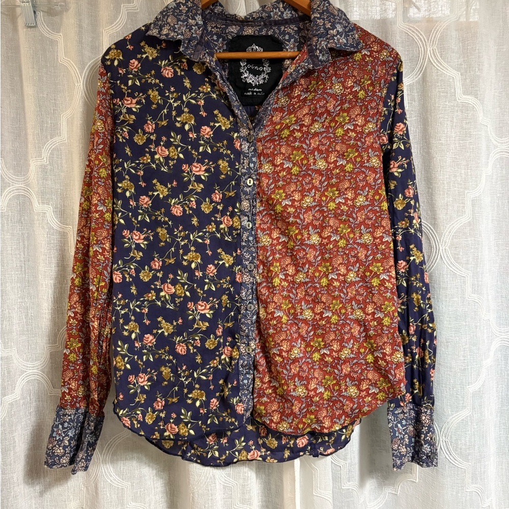 Cino Made in India Multi Floral Panel Button Front Long Sleeve Blouse Size M